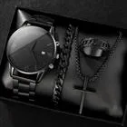 (Taxa Inclusa)Conjunto De Relgio De Quartzo Masculino Preto Com Pingente De Cruz, Colar, Anel E Pulseira - 4 Peas